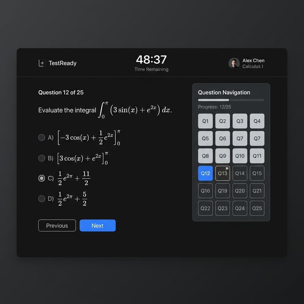 Test taking interface showing a calculus question with beautifully rendered LaTeX formulas and question navigation